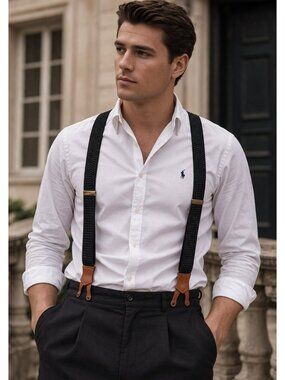 Polo Ralph Lauren Suspenders Black Polka Dot Leather Button Braces Y-Back